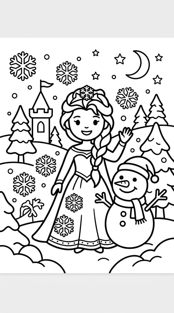 Free Printable Movie Coloring Pages: Best Picks For Kids 3 A joyful winter scene with a snow queen, a smiling snowman, snowflakes, and pine trees.