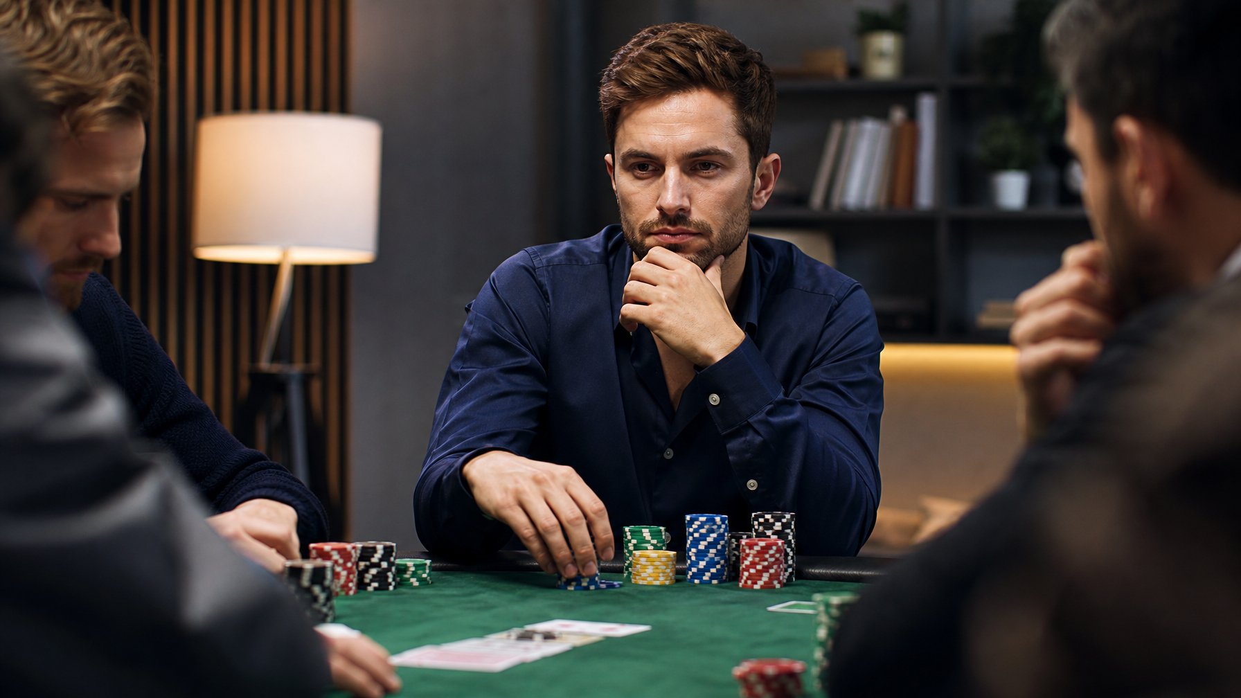 Seorang pemain poker sedang fokus memperhatikan gerak-gerik lawan di meja poker dengan tumpukan chip dan kartu bermain.