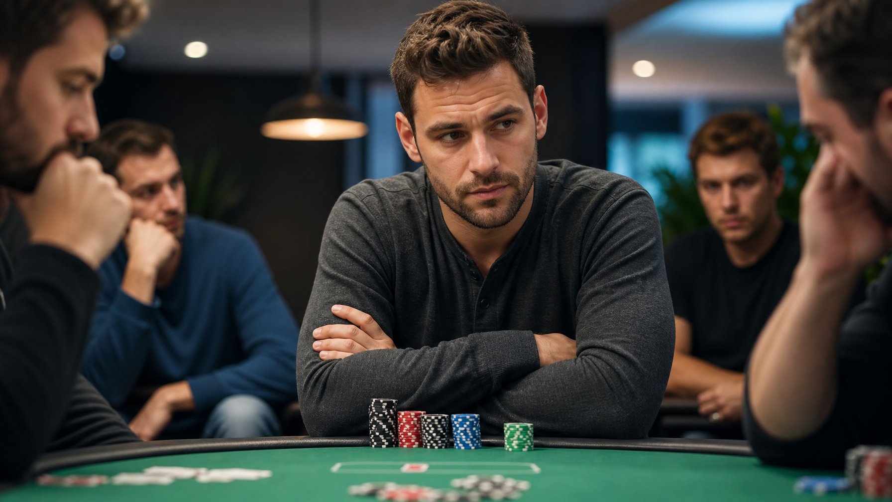 Seorang pemain poker serius duduk di meja poker, memperhatikan gerak-gerik lawan dengan ekspresi fokus dan tangan bersilang.