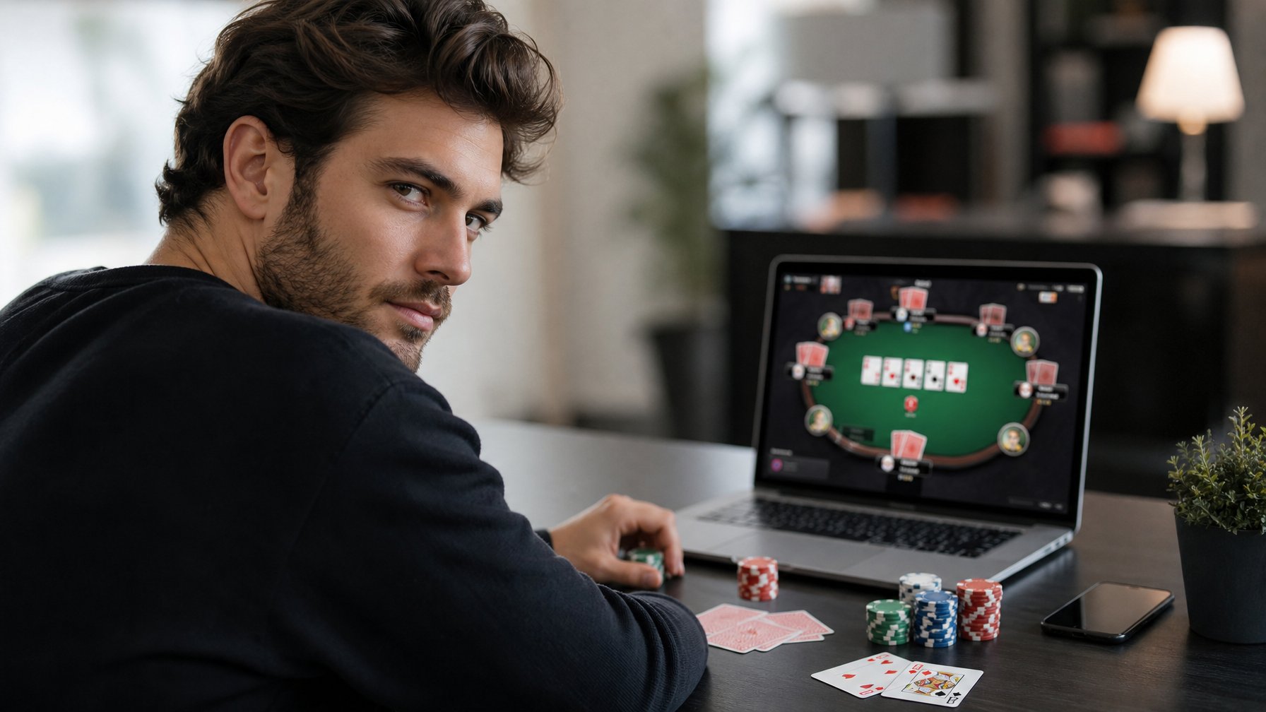 Seorang pemain muda duduk di depan laptop dengan tumpukan chip poker dan kartu, terlihat fokus dan percaya diri saat bermain poker online.