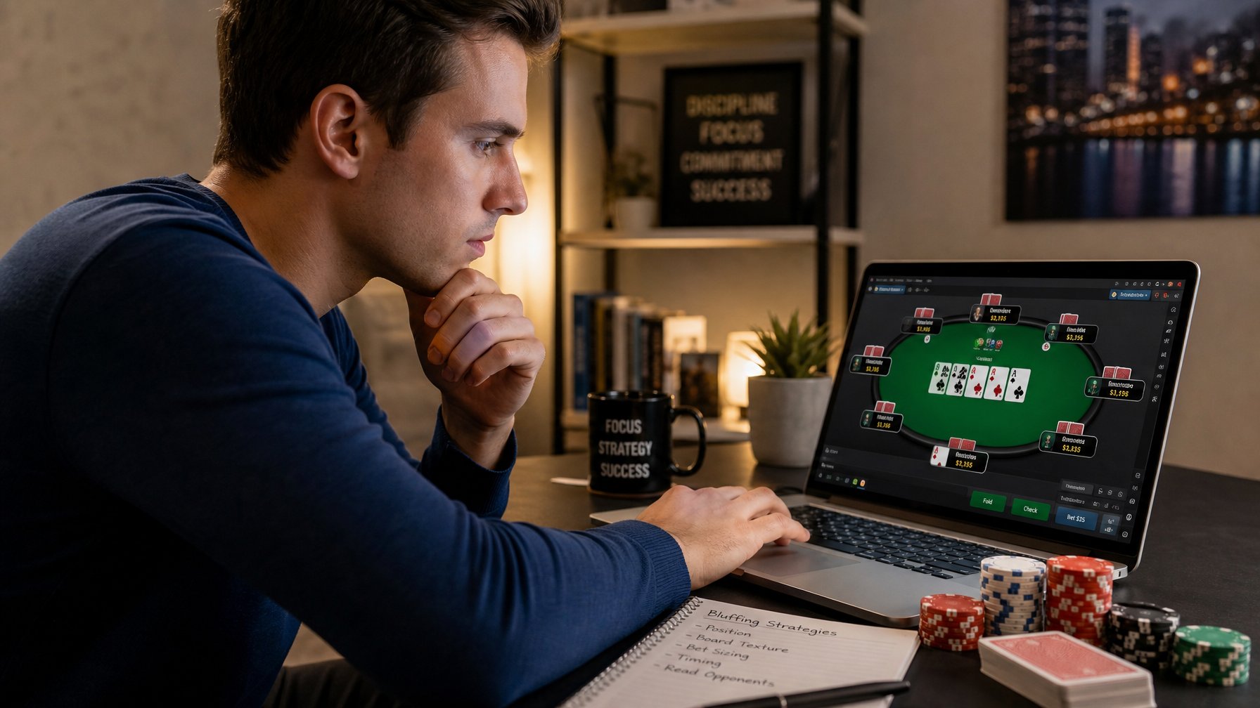 Seorang pemuda fokus bermain poker online di depan laptop dengan chip poker dan kartu di meja.