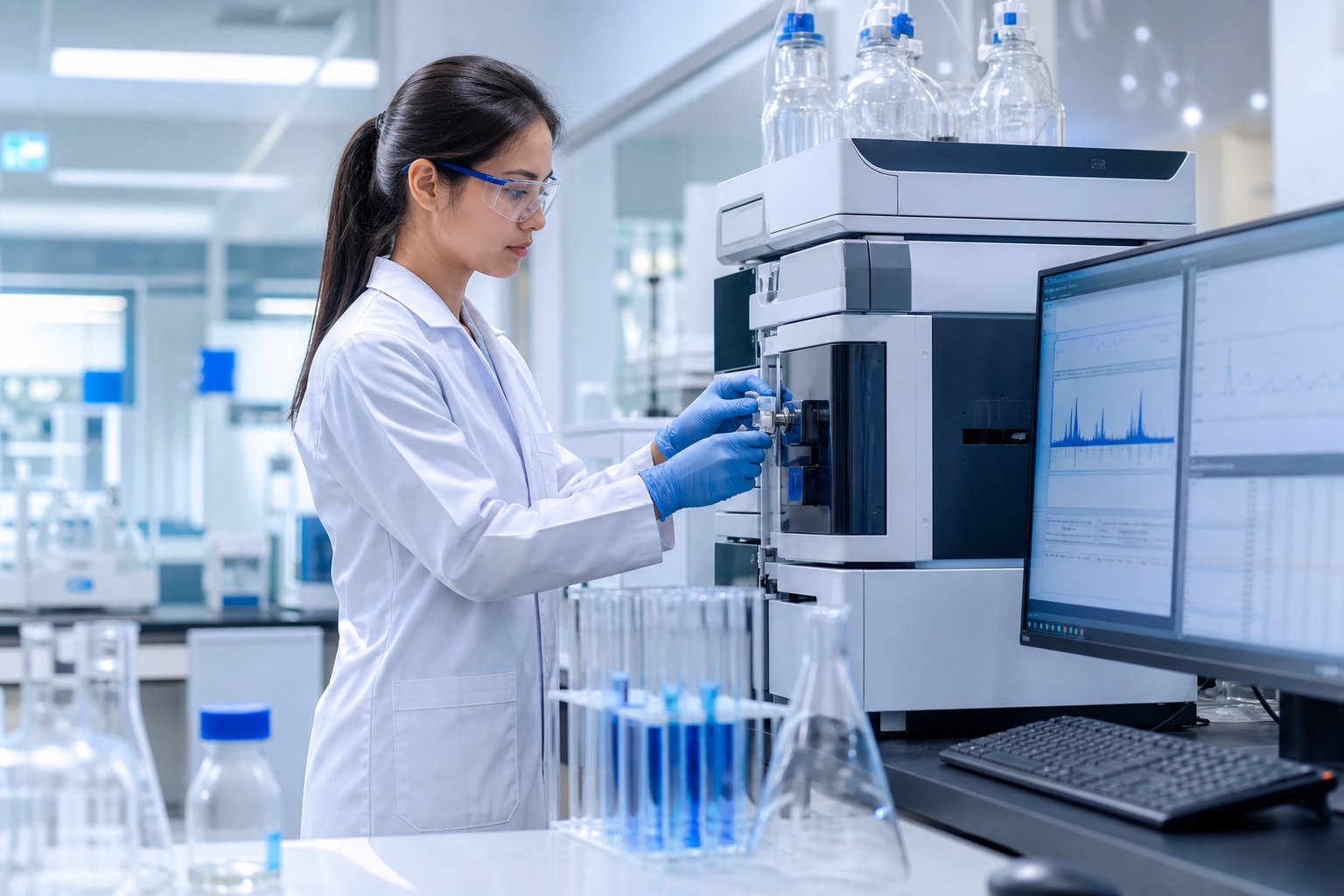 Laboratory analyst performing ISO 17025 method verification using controlled laboratory equipment.