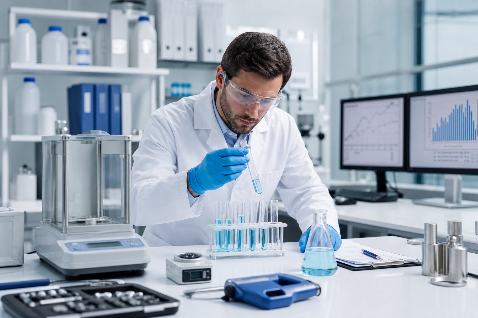 Scientist in a laboratory performing ISO 17025 method verification and examining test tubes and calibration equipment on a clean workstation surrounded by measurement devices and data screens.