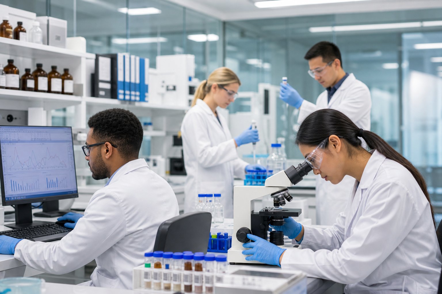 Scientists in a laboratory performing ISO 17025 method verification and wearing lab coats and safety glasses working with scientific instruments and computers to verify testing methods.