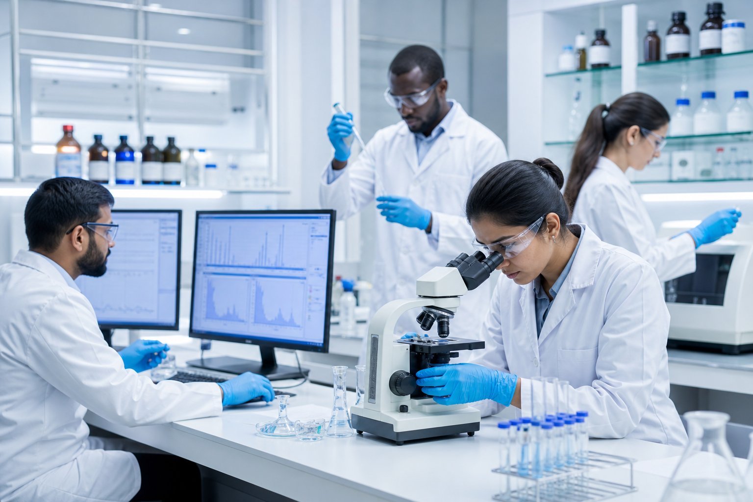 Laboratory technicians in lab coats performing ISO 17025 method verification and analytical testing with scientific instruments in a clean laboratory setting.