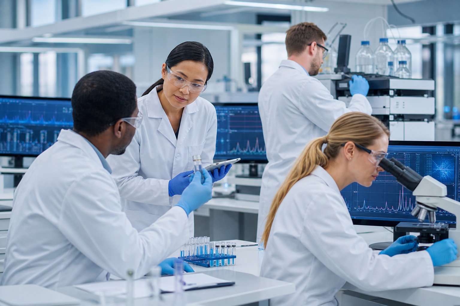 Scientists in a modern laboratory working together with advanced equipment and computers, conducting scientific testing and analysis and performing ISO 17025 method verification.