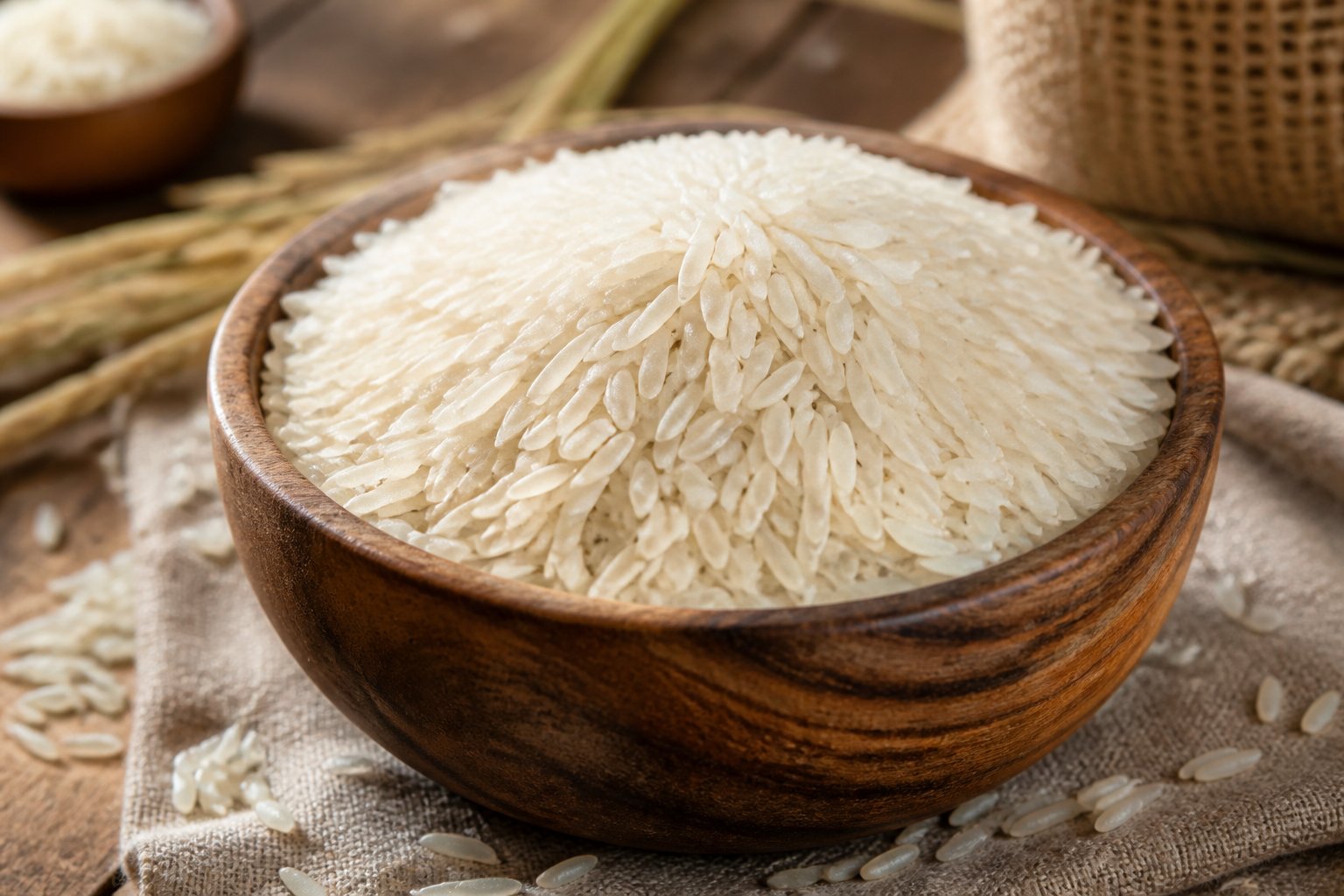 A wooden bowl filled with aged basmati rice grains on a wooden surface with some rice scattered around.