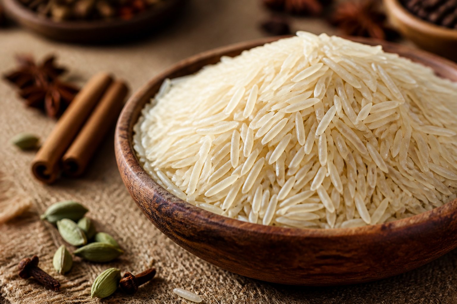Close-up of a wooden bowl filled with long aged basmati rice grains on natural fabric, with spices softly visible in the background.