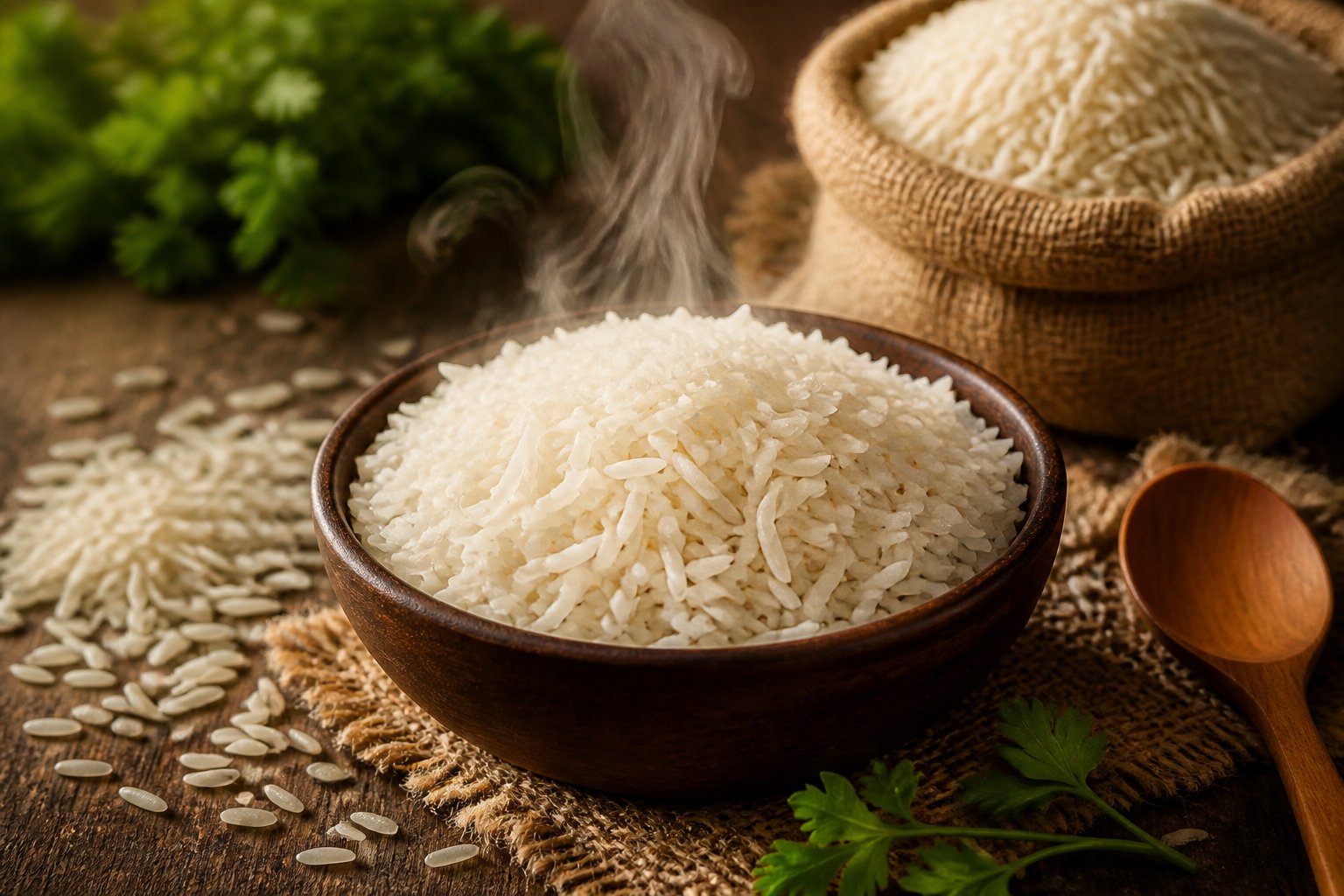 A bowl of steaming aged basmati rice on a wooden table with scattered rice grains and a burlap sack in the background.