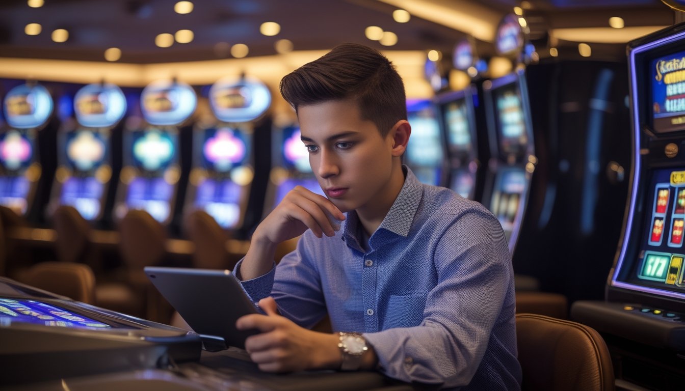 Seorang pemula sedang memeriksa data slot di tablet di dalam kasino dengan mesin slot menyala di latar belakang.