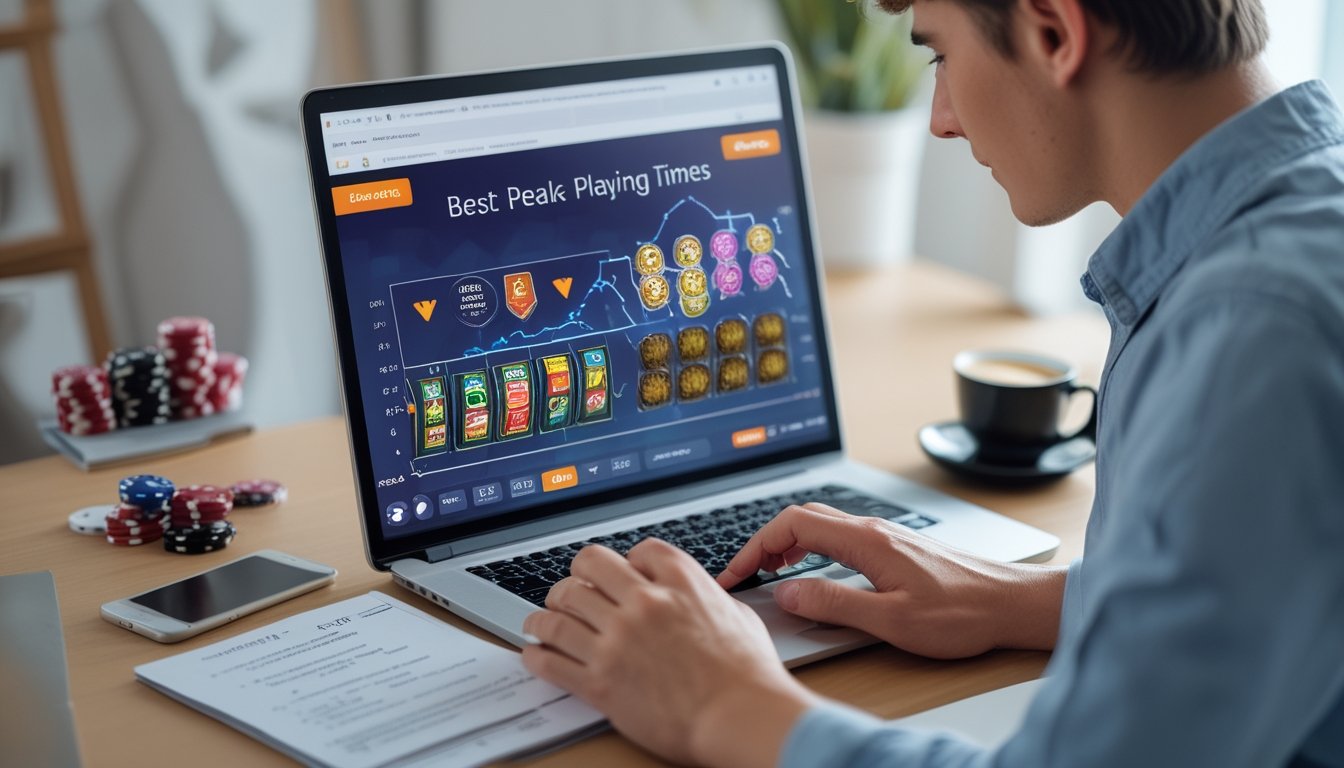 Seorang pemula duduk di meja dengan laptop yang menampilkan grafik mesin slot dan jam, dikelilingi catatan dan ponsel, sedang belajar menentukan waktu terbaik bermain slot.