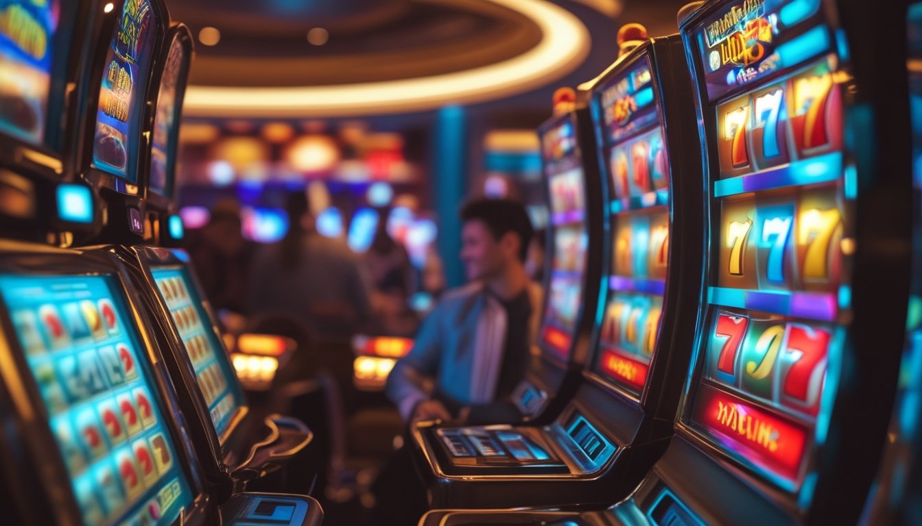Seorang pemain menekan tombol mesin slot di kasino yang terang dan ramai dengan mesin slot berwarna-warni di latar belakang.
