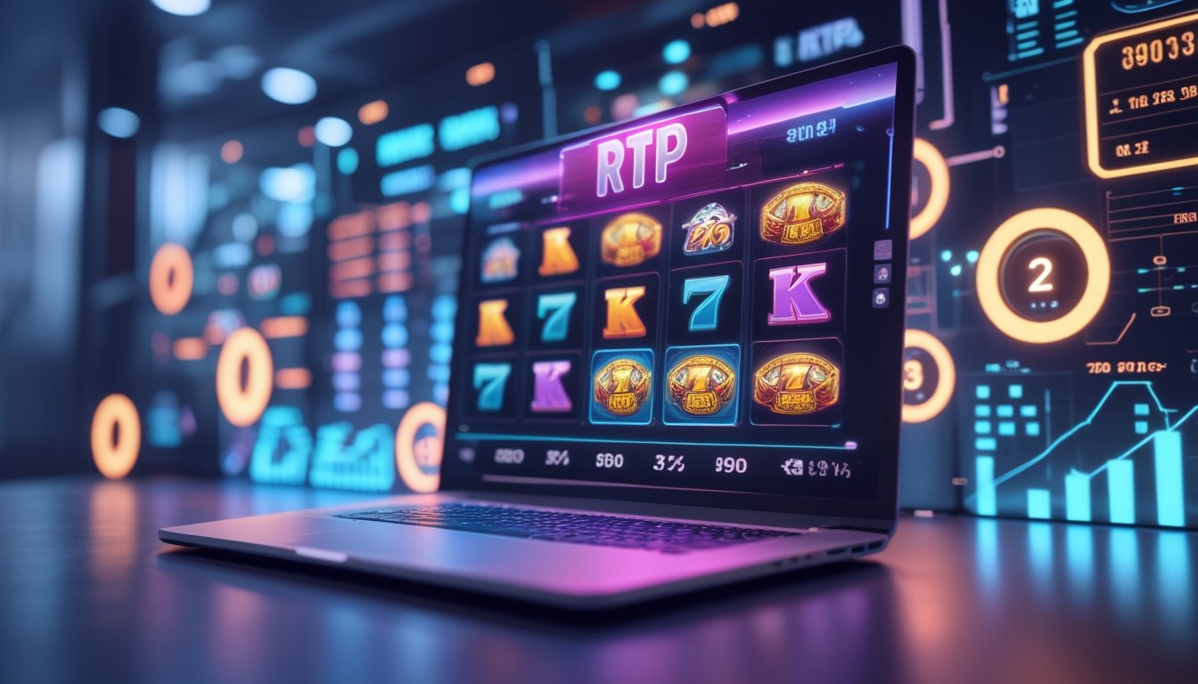 Layar komputer menampilkan ikon permainan slot dengan grafik dan statistik RTP dalam suasana gaming digital modern.