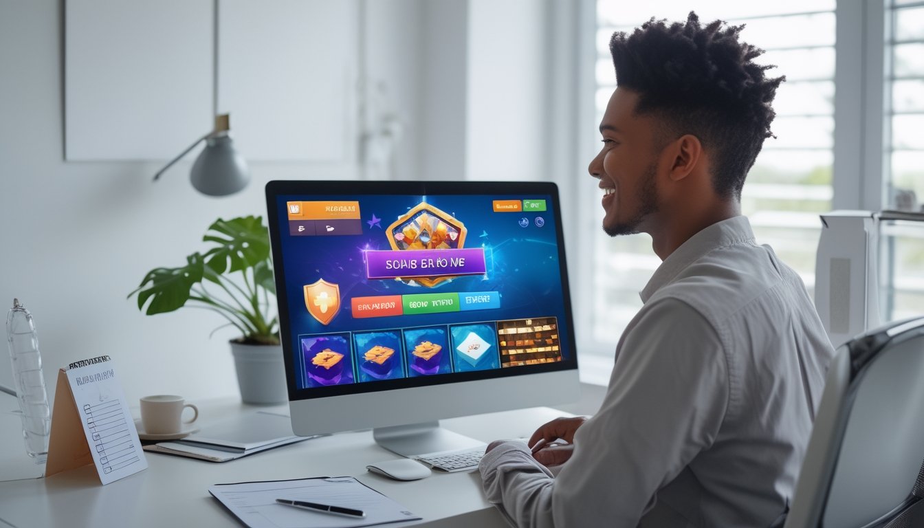 Seorang dewasa muda duduk di meja kerja dengan laptop yang menampilkan permainan slot online, terlihat fokus dan senang di ruangan kantor rumah yang terang dan rapi.