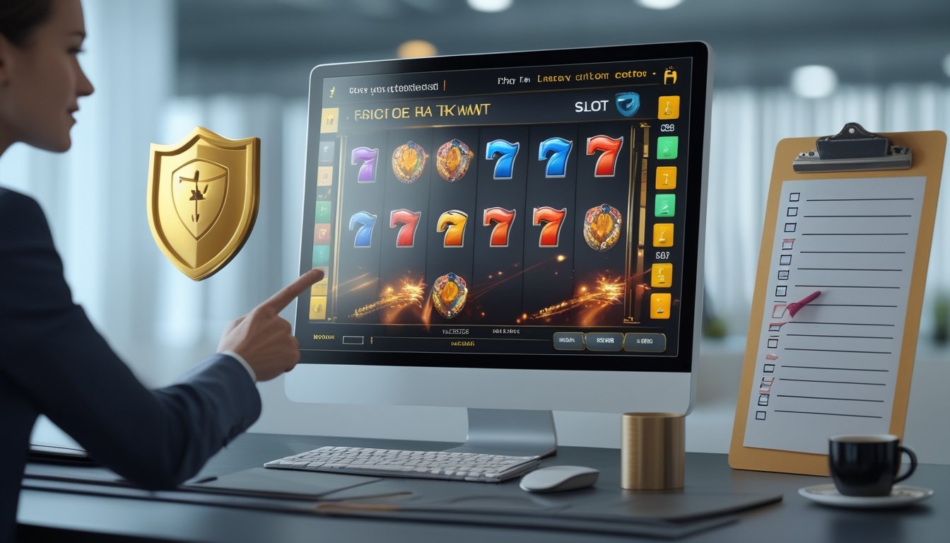Seorang profesional di meja kerja dengan komputer menampilkan permainan slot online berwarna-warni dan simbol kepercayaan di sekitarnya.