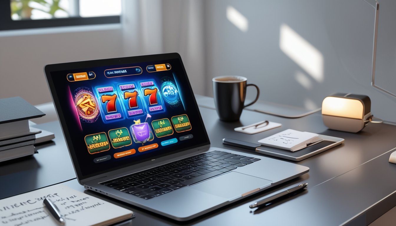 Meja kerja dengan laptop yang menampilkan permainan slot online, buku catatan dengan tulisan, dan ponsel yang menunjukkan konfirmasi deposit.