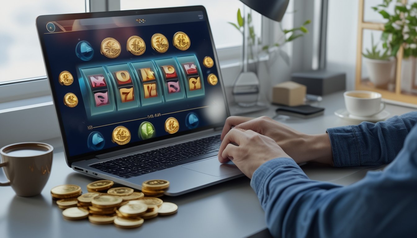 Seorang dewasa muda sedang menggunakan laptop di meja kerja yang rapi dengan layar menampilkan permainan slot online berwarna-warni.
