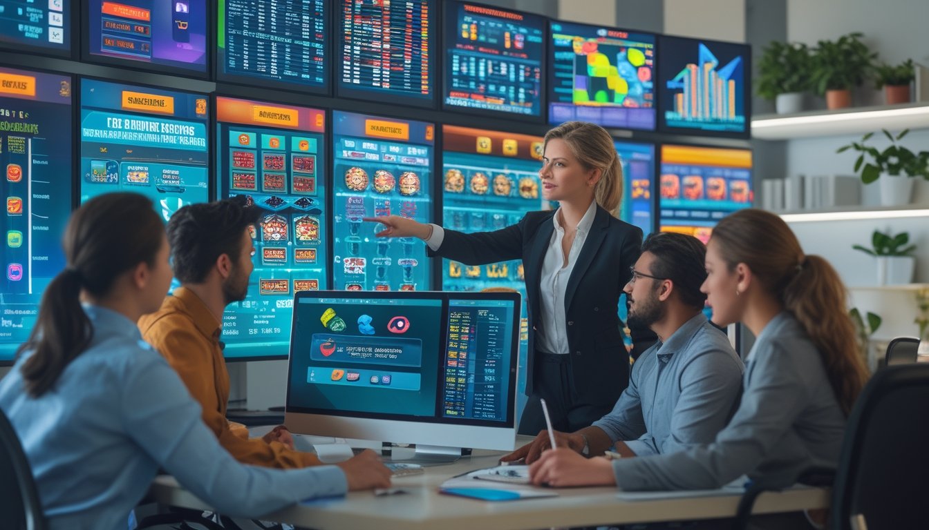 Sekelompok orang sedang menganalisis data di depan layar komputer di kantor modern.