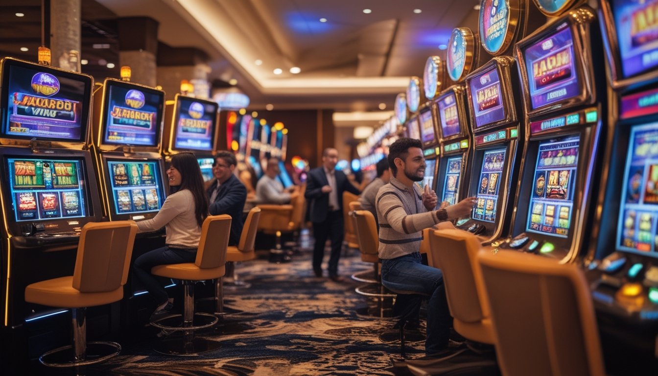 Interior kasino modern dengan mesin slot berwarna-warni dan beberapa pemain yang sedang bermain dan merayakan kemenangan.