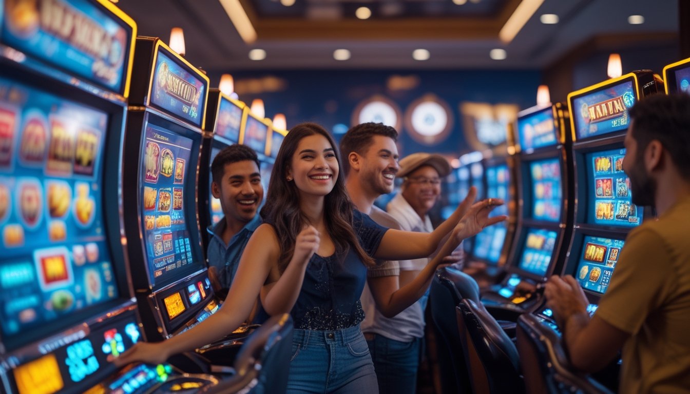 Orang-orang bermain mesin slot di kasino modern dengan suasana ceria dan penuh semangat.