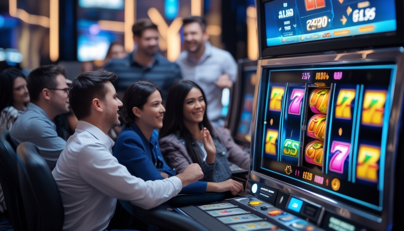 Orang-orang sedang bermain mesin slot di kasino dengan ekspresi antusias dan mesin slot yang menampilkan gulungan berwarna-warni.