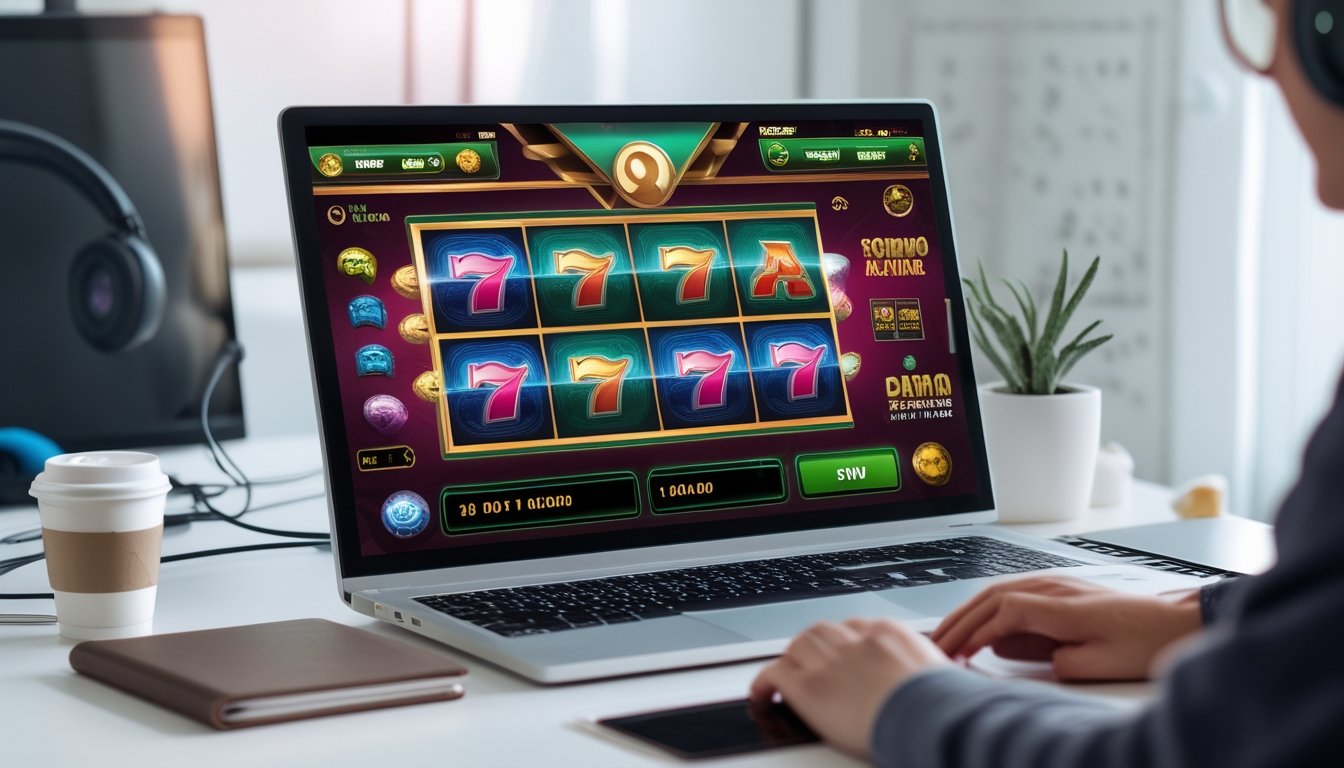 Sebuah meja dengan komputer menampilkan permainan slot online, tangan seseorang sedang menggunakan perangkat tersebut dalam suasana yang terang dan rapi.