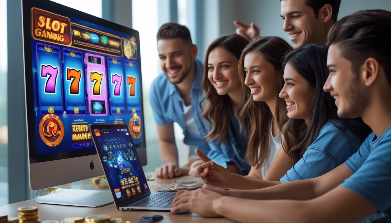 Sekelompok orang muda bermain dan belajar slot online menggunakan akun demo di depan layar komputer.