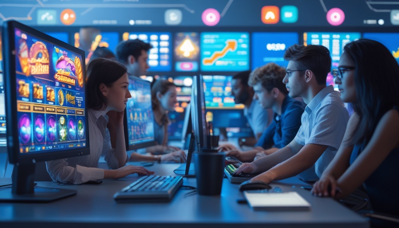 Sekelompok orang muda sedang melihat layar komputer dengan grafik permainan slot yang berwarna-warni di sebuah kantor modern.