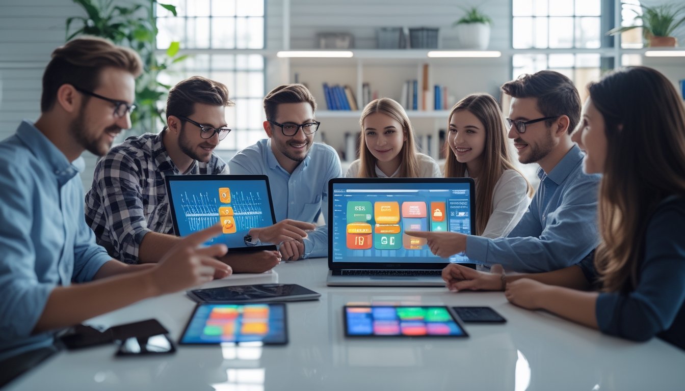 Sekelompok profesional muda sedang berdiskusi dan menganalisis data di depan laptop dan tablet di sebuah ruang kantor modern.