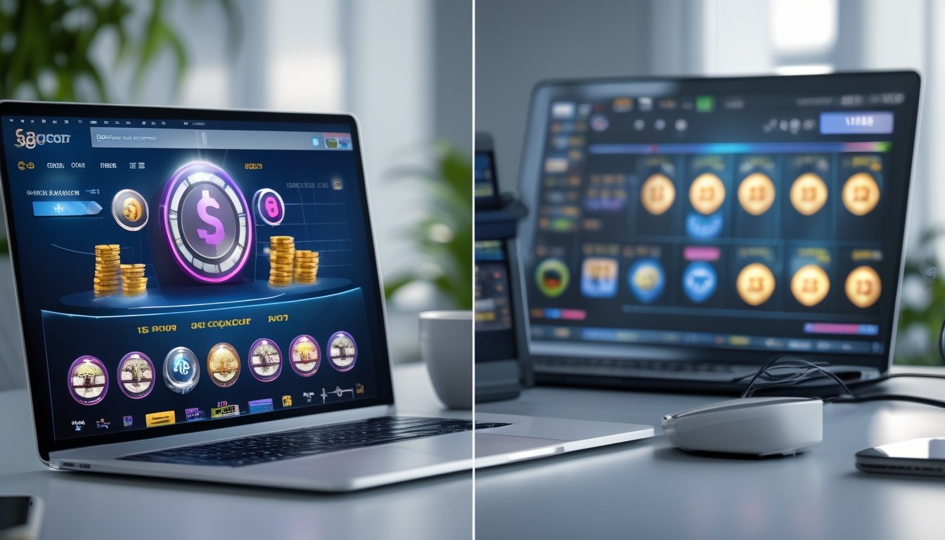 Dua layar komputer berdampingan menunjukkan perbandingan antara situs slot resmi dengan situs slot biasa, dengan latar belakang kantor yang rapi.