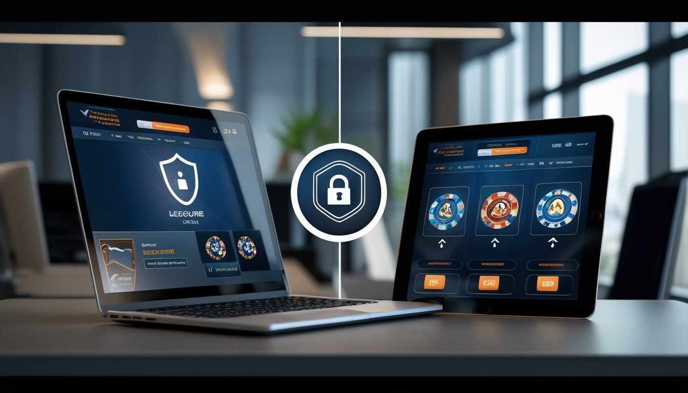 Dua perangkat digital menampilkan situs slot online yang berbeda, satu dengan ikon keamanan dan satu tanpa, di meja kantor modern.