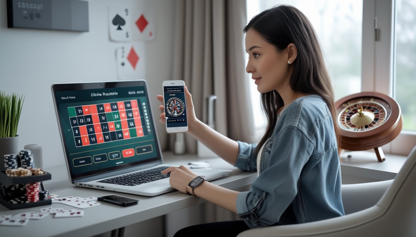Seorang wanita muda duduk di meja dengan laptop yang menampilkan permainan roulette online, tampak fokus dan percaya diri di ruangan yang nyaman dengan dekorasi bertema kasino.