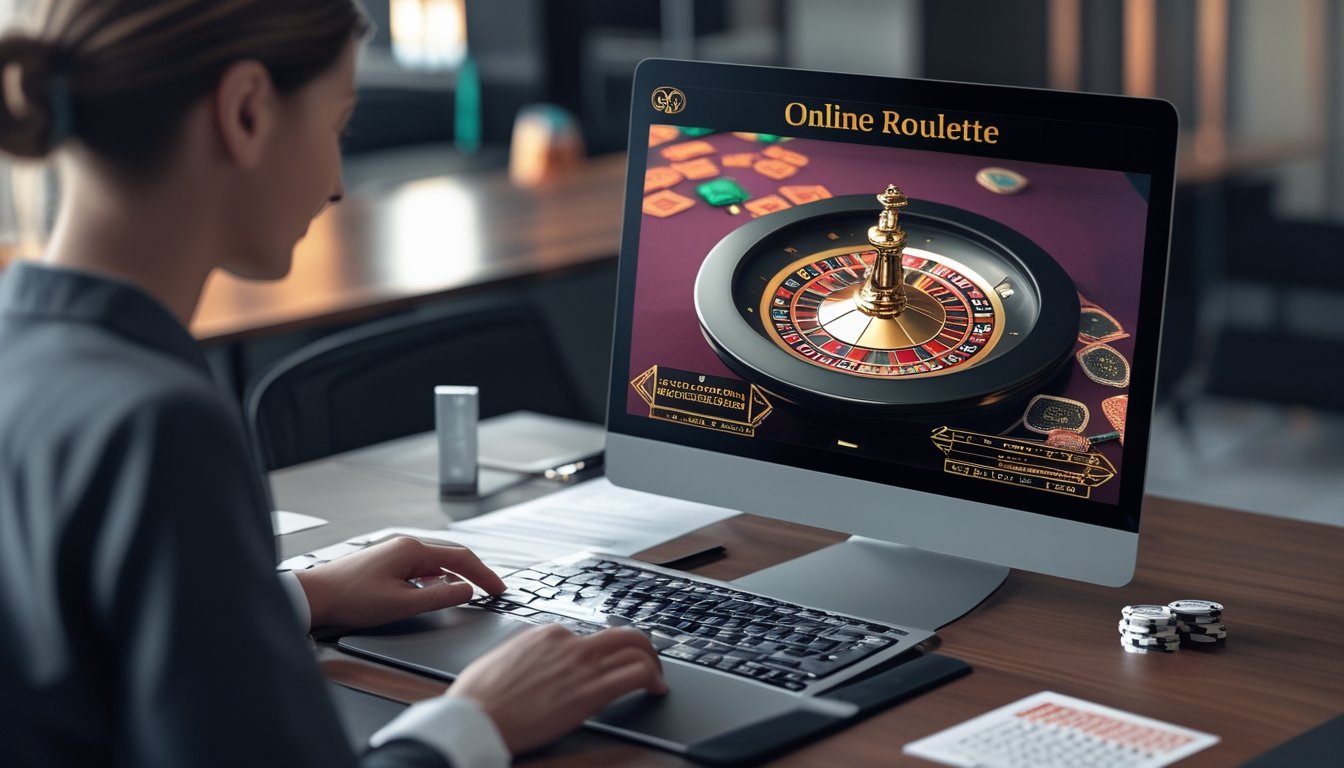 Seseorang bermain roulette online di depan komputer dengan suasana belajar yang tenang dan teratur.