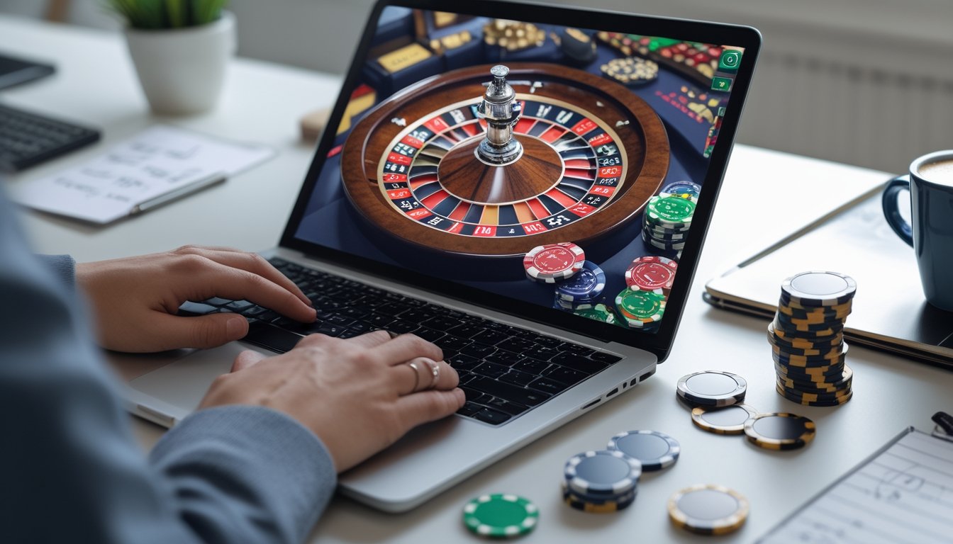 Seseorang bermain roulette online di depan laptop dengan tumpukan chip kecil di meja.