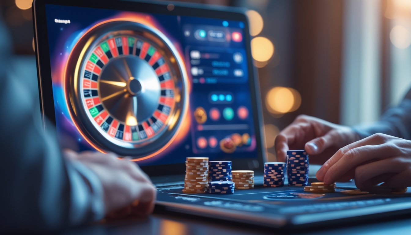 Tangan seseorang sedang memasang taruhan pada meja roulette digital di depan layar komputer.