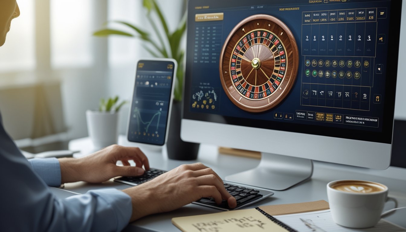 Seseorang sedang menganalisis pola permainan roulette online di depan komputer di ruang kerja rumah yang terang.