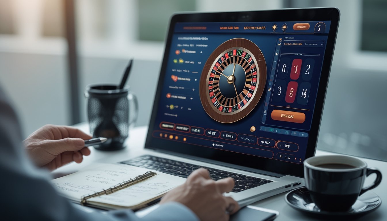 Seorang pemain sedang menganalisis pola angka pada permainan roulette online di depan laptop dengan alat tulis di meja.