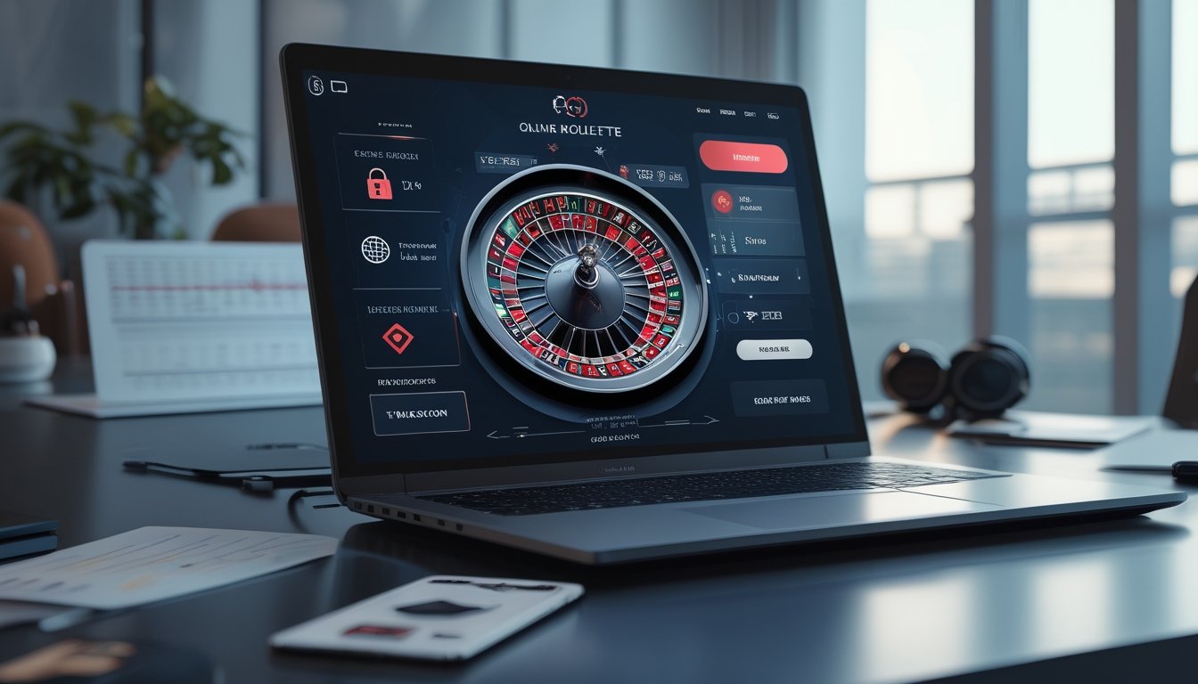 Seorang pengguna sedang bermain roulette online di laptop dengan ikon keamanan dan perangkat pembayaran di meja kerja yang rapi.