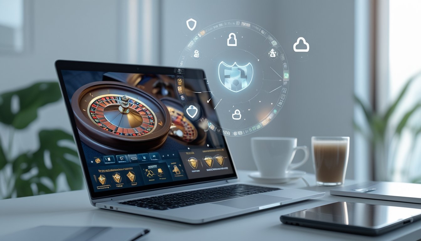 Laptop yang menampilkan roda roulette dengan ikon keamanan digital di sekitarnya di meja kerja yang rapi.