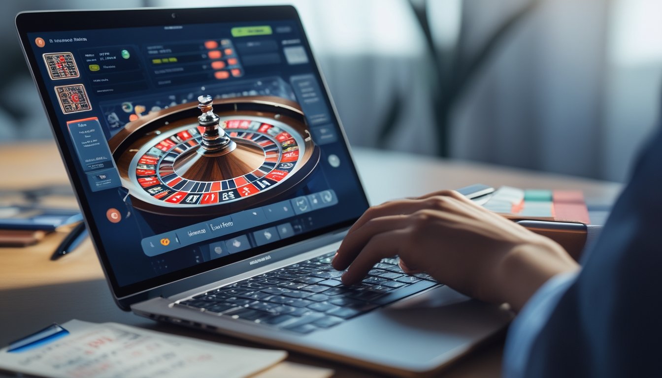 Seorang pengguna sedang bermain roulette online di laptop dengan catatan dan pena di meja.