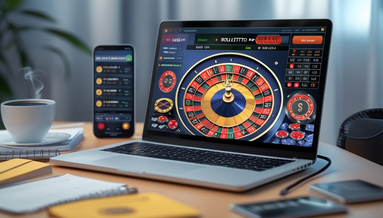 Seorang pemain sedang menggunakan laptop dengan tampilan roda roulette online dan chip taruhan di meja kerja.