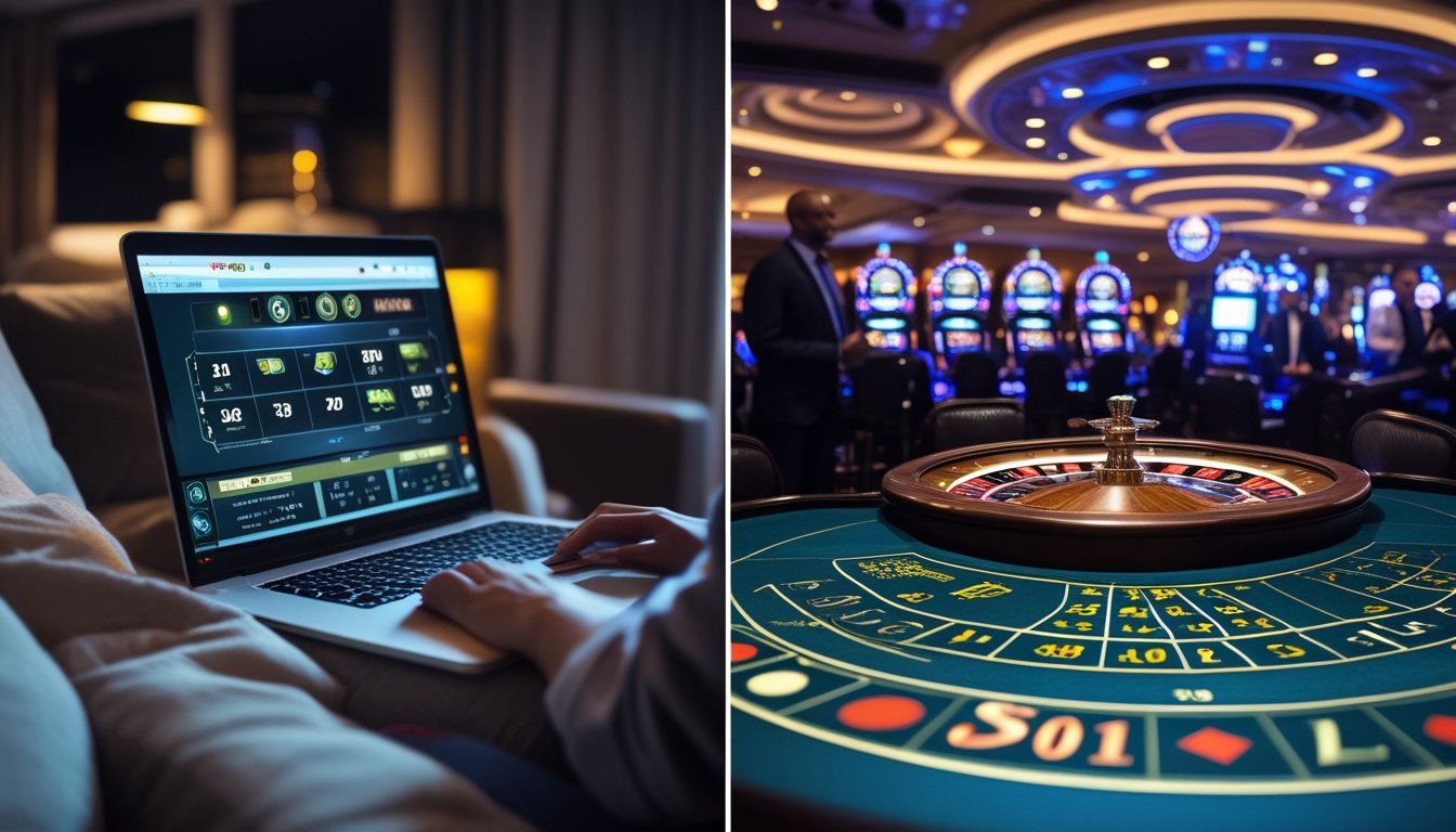Seseorang bermain roulette online di rumah di sebelah kiri, dan suasana kasino dengan meja roulette dan pemain di sebelah kanan.