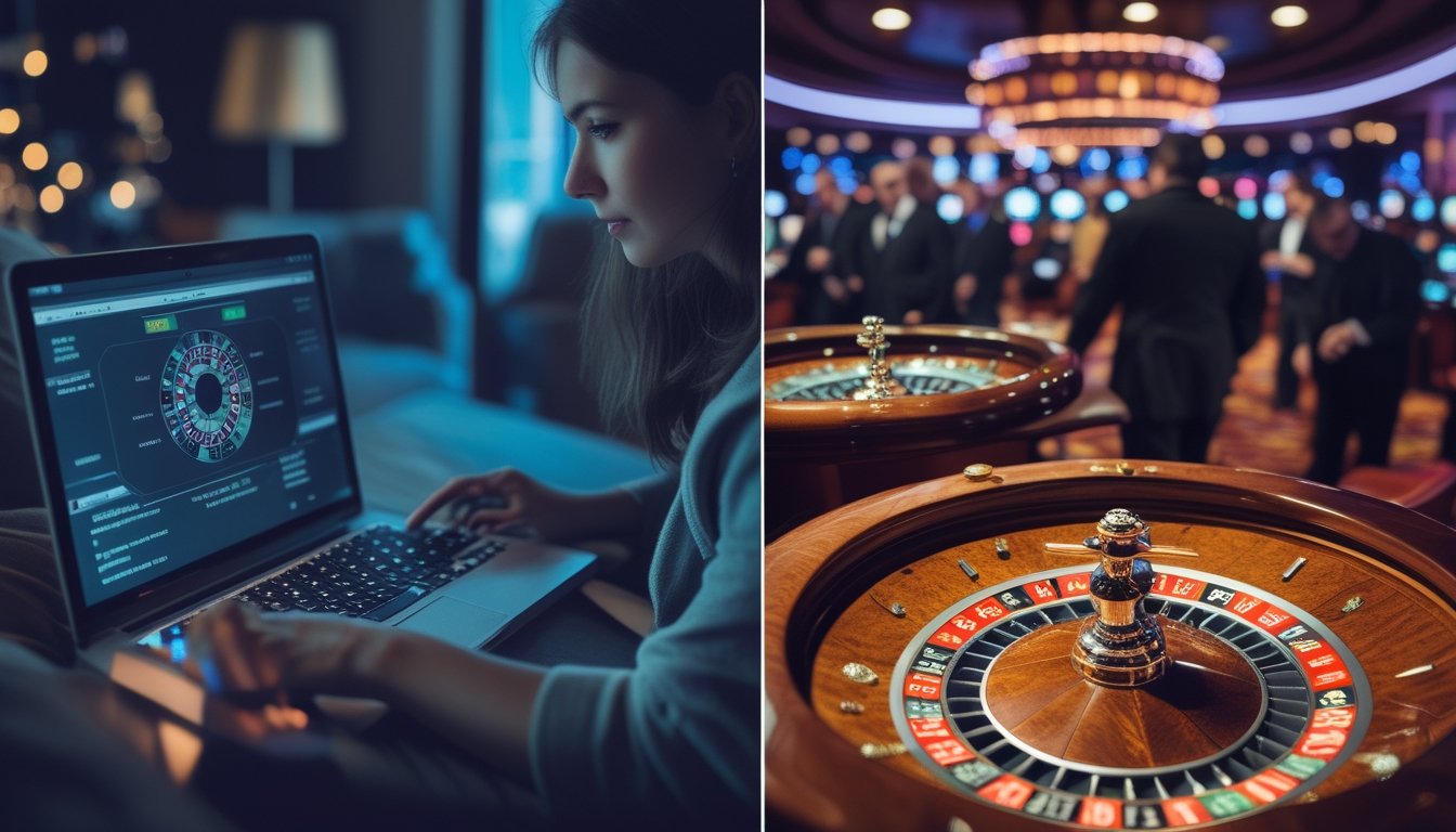 Seseorang bermain roulette online di rumah dan suasana meja roulette di kasino darat dengan pemain lain.