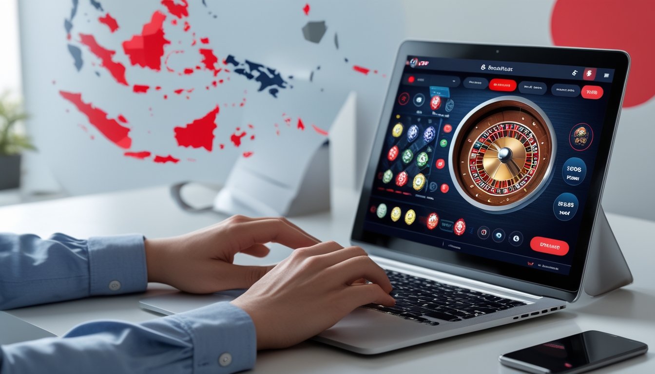 Tangan seseorang menggunakan laptop dan ponsel yang menampilkan permainan roulette online dengan latar belakang elemen budaya Indonesia.