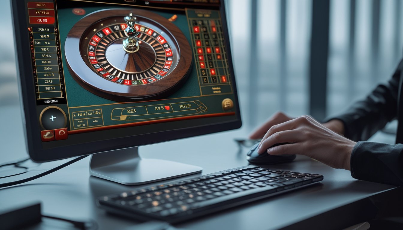 Sebuah meja komputer modern dengan layar menampilkan permainan roulette online dan tangan seseorang sedang memasang taruhan.