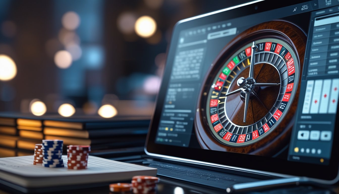 Sebuah layar komputer menampilkan roda roulette digital dengan chip poker dan catatan strategi di sekitarnya.