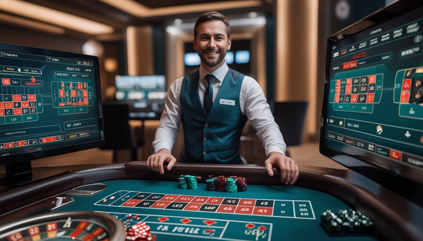 Seorang dealer live yang ramah sedang mengoperasikan meja roulette dengan roda roulette yang berputar di depan, di studio kasino modern.