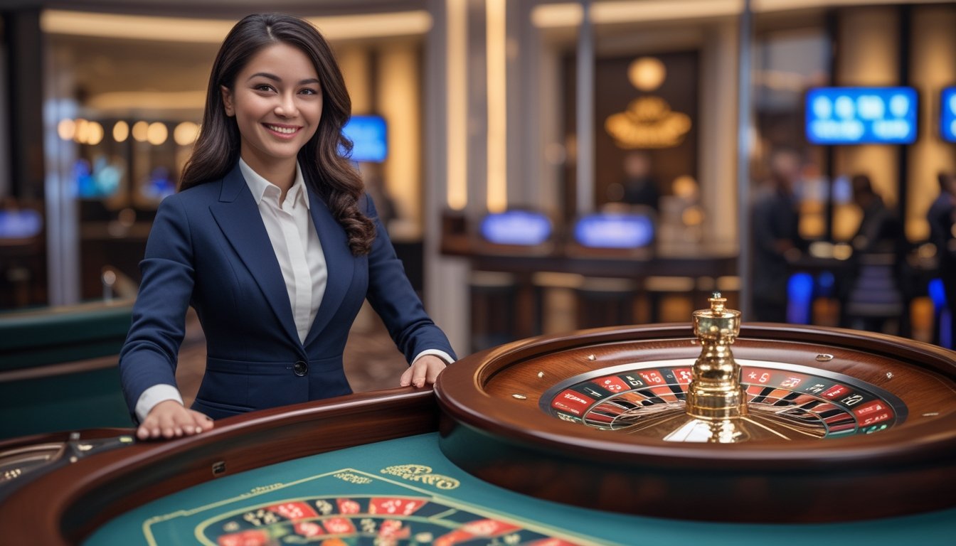 Seorang dealer wanita berdiri di belakang meja roulette dengan roda roulette yang sedang berputar di lingkungan kasino modern.