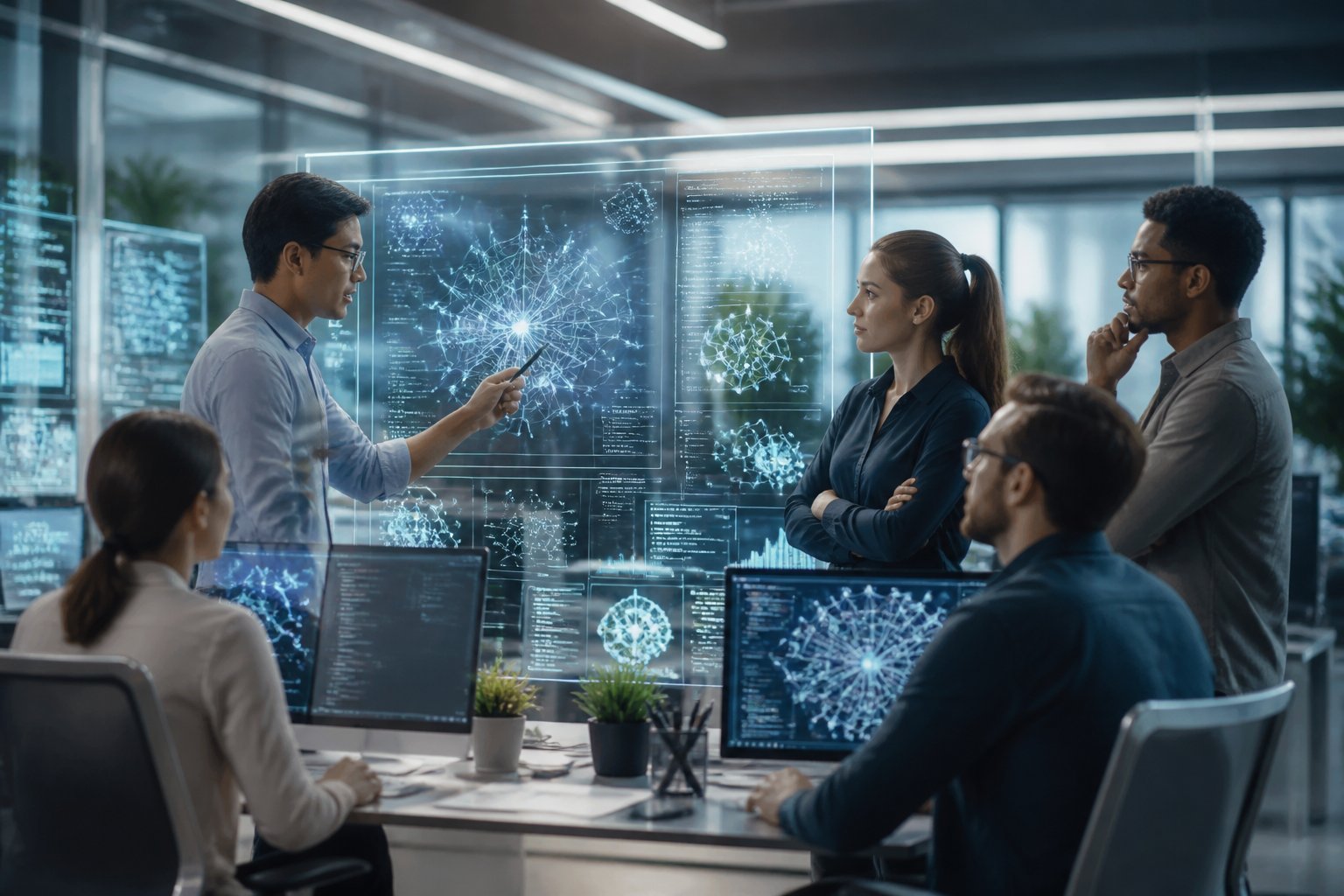 Ein modernes Büro mit mehreren Personen, die an Computern und digitalen Bildschirmen arbeiten, auf denen komplexe Diagramme und Daten zu sehen sind.