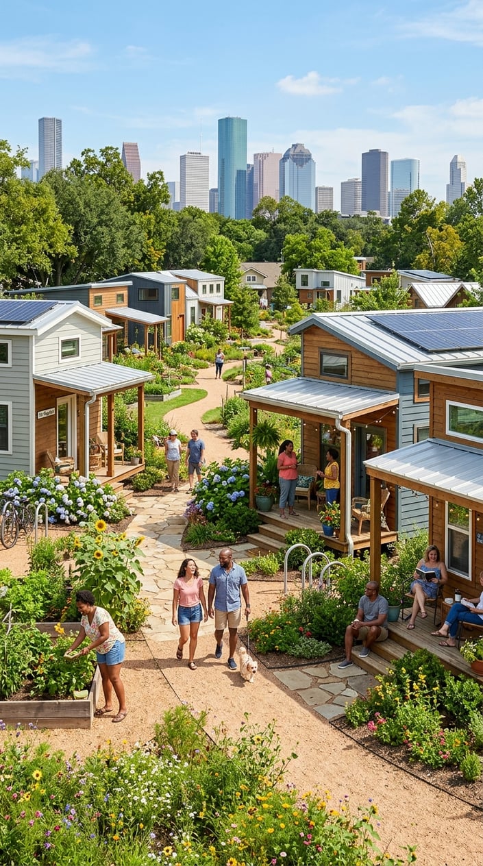 Tiny Home Communities in Houston Texas: A Guide to Finding Your Perfect Community 1 A tiny home community with small houses, green lawns, people walking and relaxing, and a city skyline in the distance.